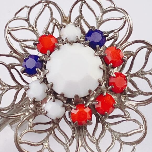 VTG Mid Century Brooch Red White Blue Glass Floral Lot Silver Tone 50s 60s Pin - Picture 7 of 11